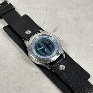 Fossil Big Tic Watch Mens 40mm Black Leather Cuff Grunge Rock New Battery